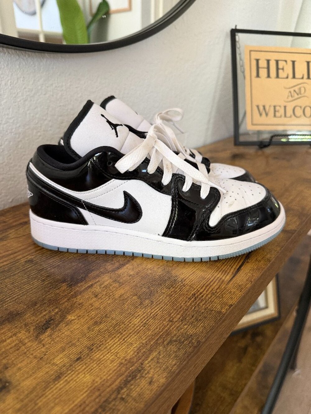 Gently worn Air Jordan 1 Low (SE), black patent leather 6.5